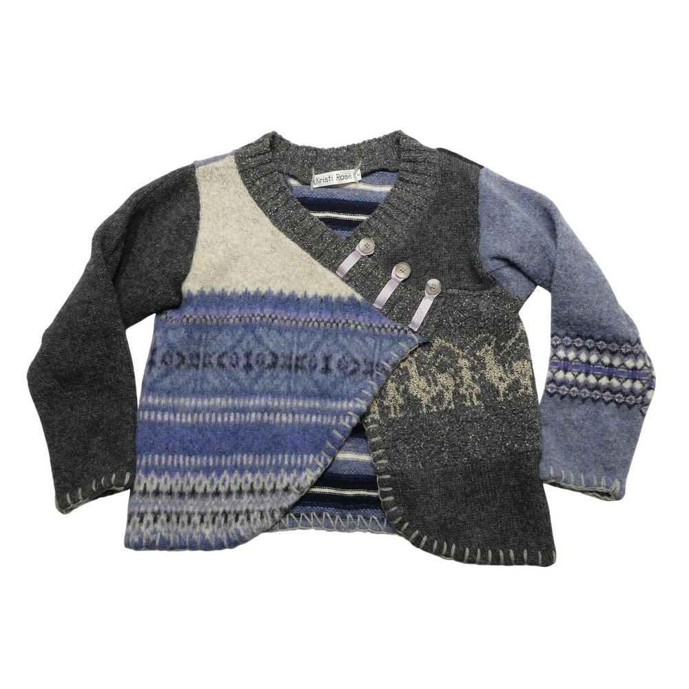 Kristi Rose Sweater Girls 2T Blue Patchwork Wrap Handmade Wool Cotton USA Winter